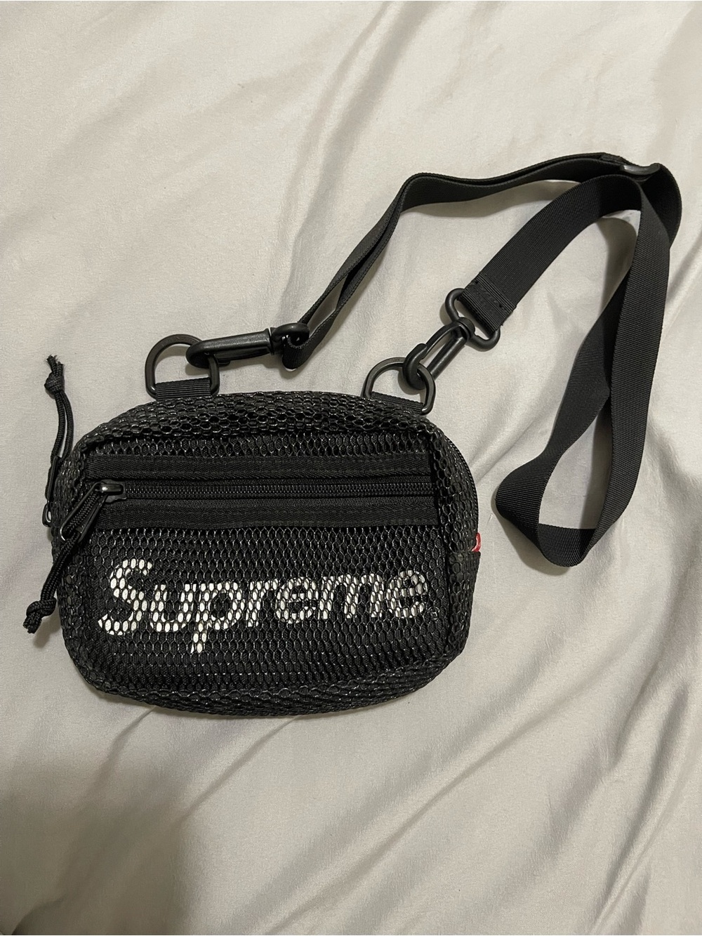 Supreme Black Mesh Crossbody Pouch with White Logo